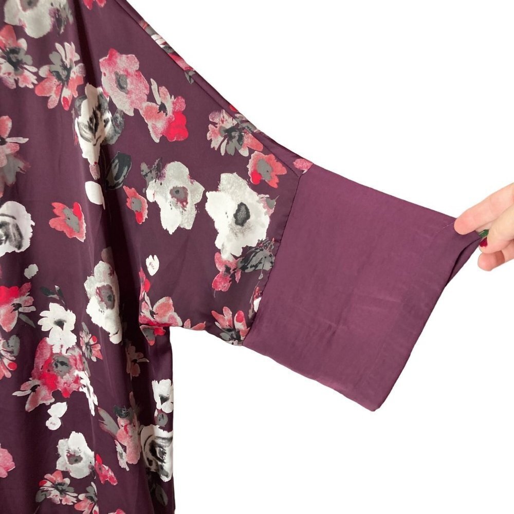 Lane Bryant Floral Dress Sz 24 Maroon Wine Loose Fit Shark Hem V‎ Neck Classic - Picture 3 of 7